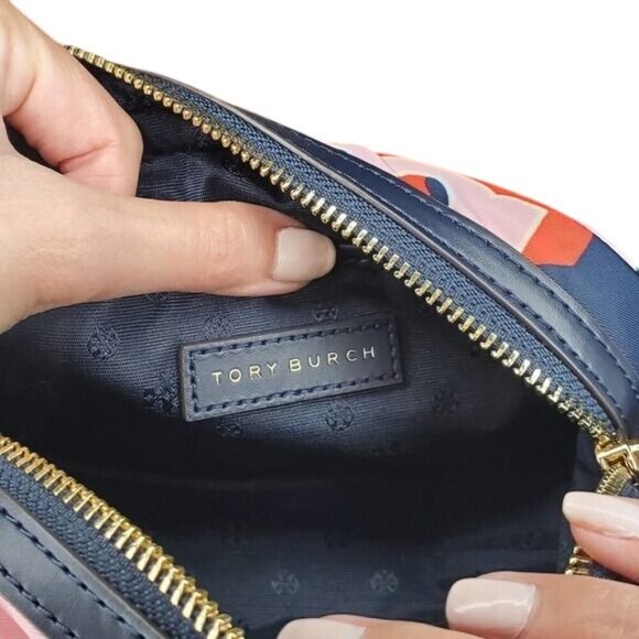 Tory Burch Crazy Logo Allover Print Blue Nylon Crossbody - Picture 4 of 7